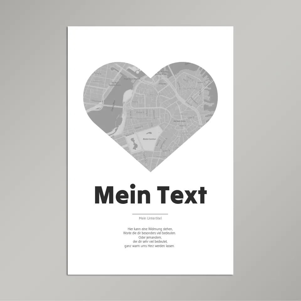 Landkarte &quot;bold Herzstück&quot; - dein Ort + Text | Hochformat