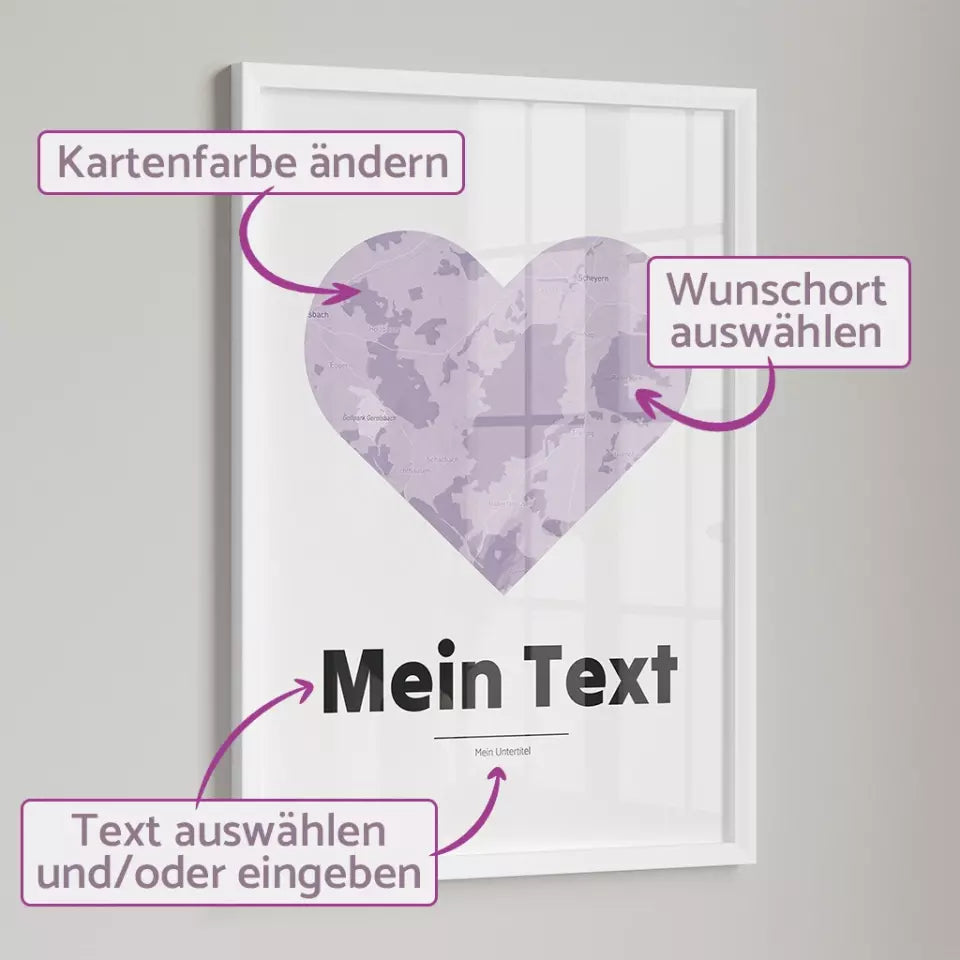 Landkarte &quot;bold Herzstück&quot; - dein Ort + Text | Hochformat